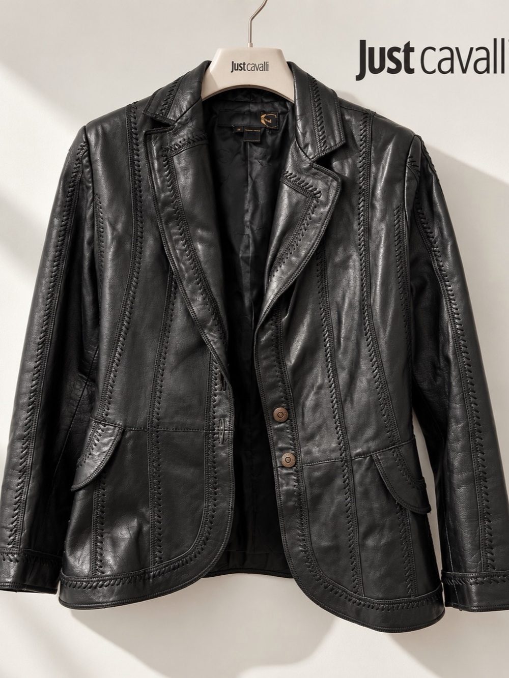 Just Cavalli Black Leather Whipstitch Blazer Jacket